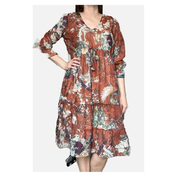 Hemant & Nandita Boho Floral Birds Tiered Zeri Midi Dress Terracotta Brown 8 - Picture 2 of 10
